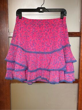 Floral Pink Tiered Mini Skirt with Blue Trim